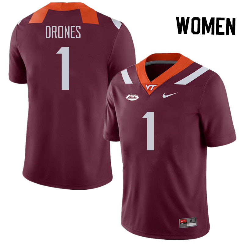Women #1 Kyron Drones Virginia Tech Hokies College Football Jerseys Stitched Sale-Maroon